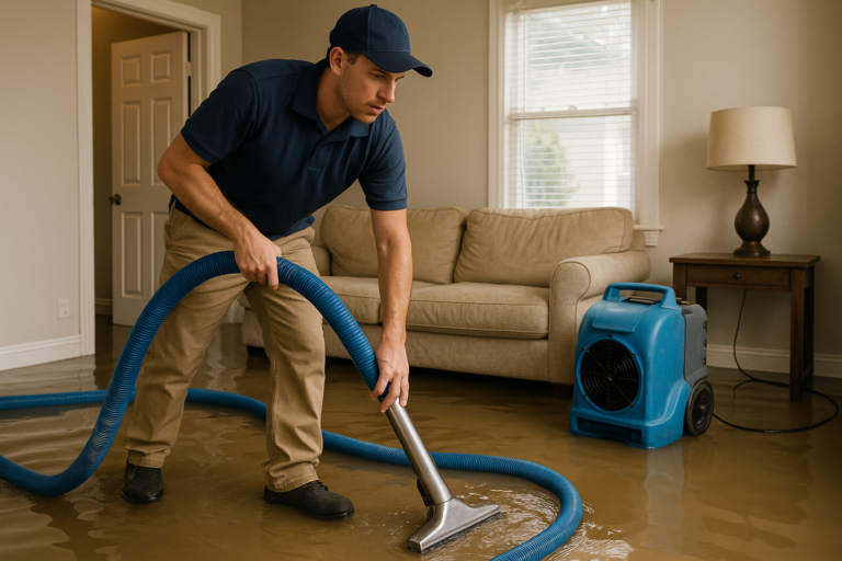 Technician performing water damage restoration in a Tampa home after storm