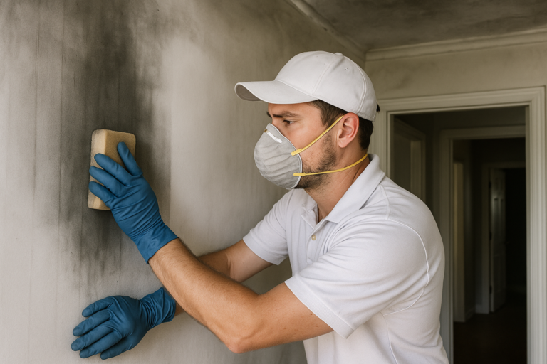 Technician performing fire damage restoration in Tampa home with soot cleanup