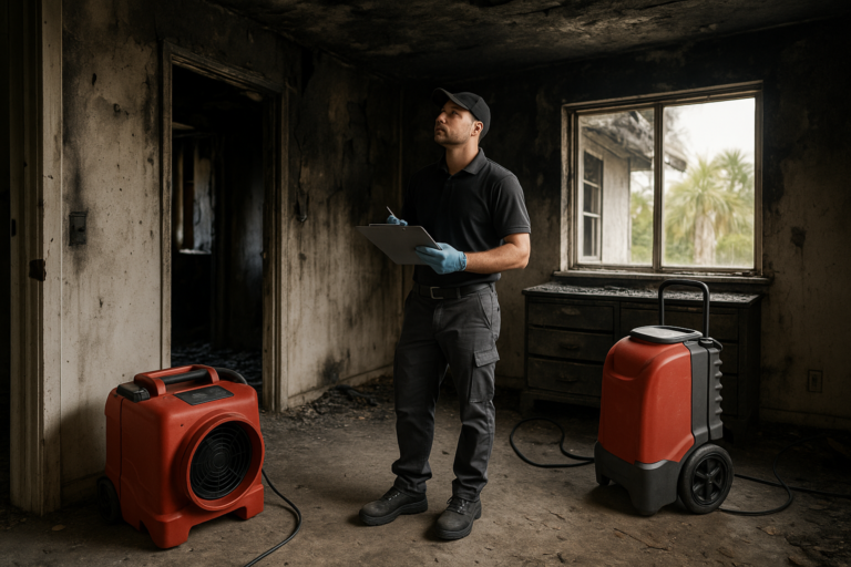 Technician assessing fire damage restoration in a Tampa residential living room