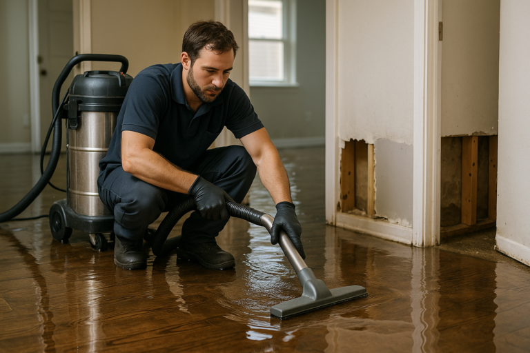Technician restoring flooring and drywall after flood damage in Tampa home