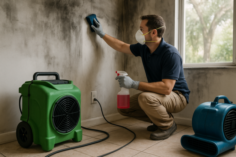 Technician performing smoke damage cleanup in Tampa residential home interior