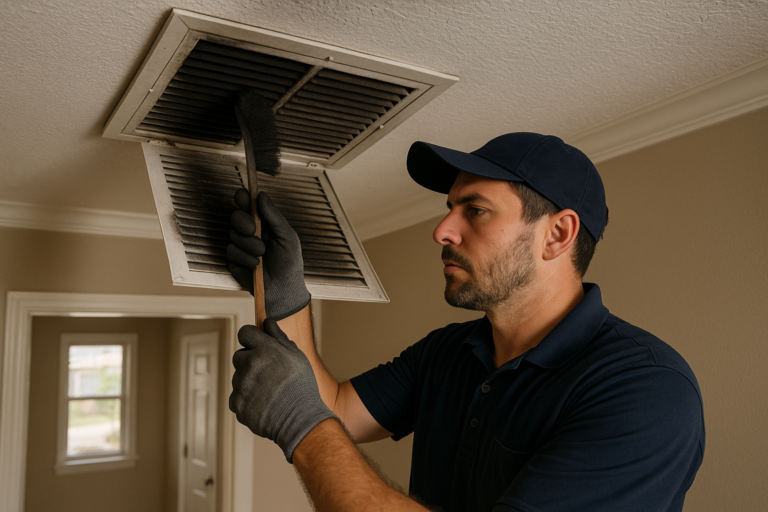 Technician performing soot damage cleanup in Tampa residential home interior