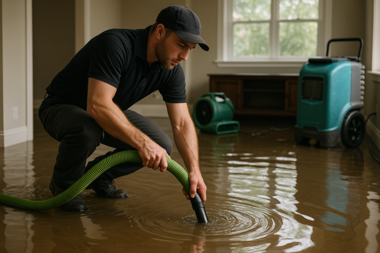 Technician performing water damage restoration in a Tampa home interior