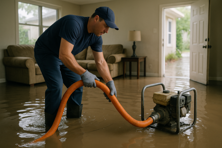 Technician performing water extraction services in a Tampa home after flooding