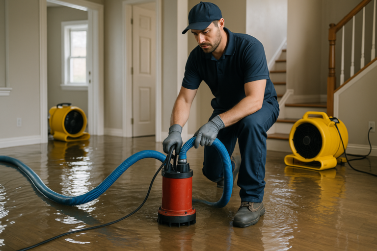 Technician restoring burst pipe water damage in a Tampa home interior