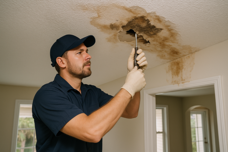 Technician repairing residential ceiling water damage in Tampa home