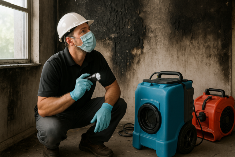 Technician performing fire damage restoration in a Tampa home after a house fire