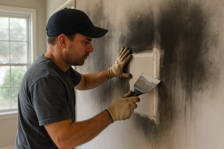 Technician repairing fire damaged drywall in a Tampa home after fire restoration