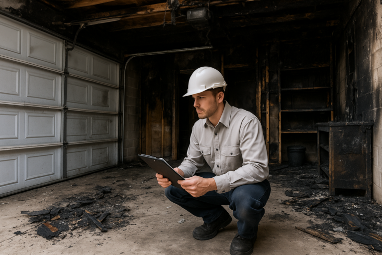 Technician inspecting garage fire damage restoration in Tampa home