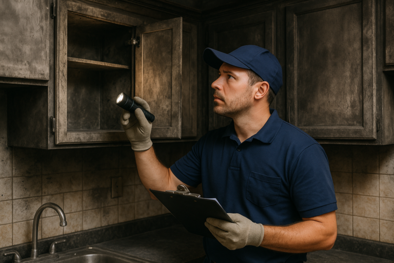 Technician performing kitchen fire damage restoration in Tampa Florida home