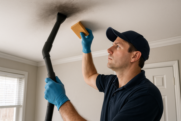 Technician performing soot removal and wall cleaning in Tampa home