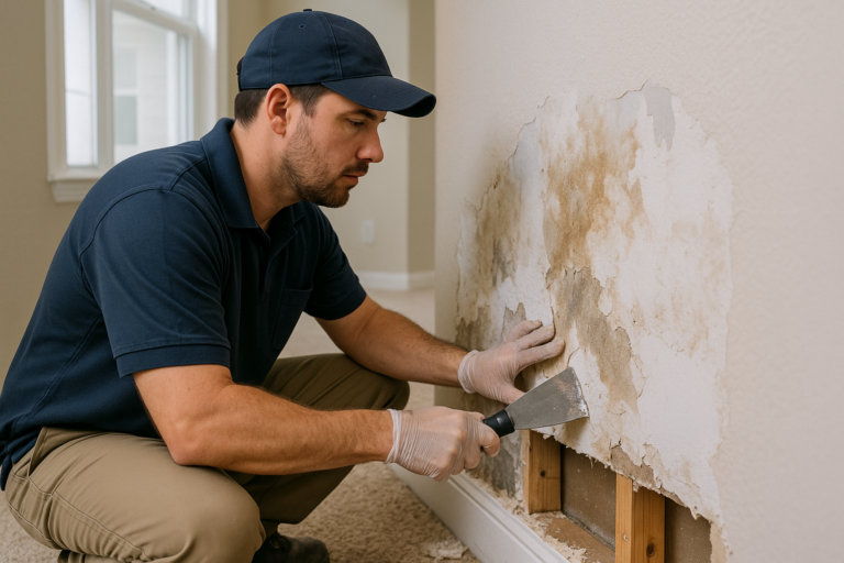 Technician repairing water damaged drywall in a Tampa home restoration scene