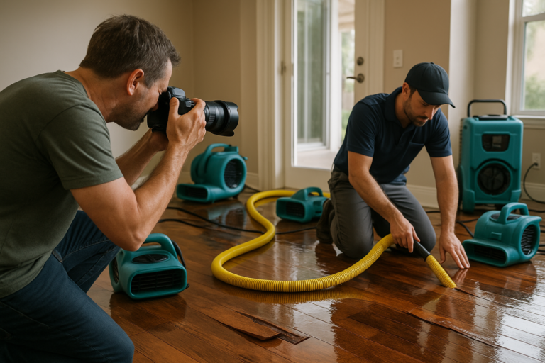Technician repairing water damaged hardwood floor in Tampa home