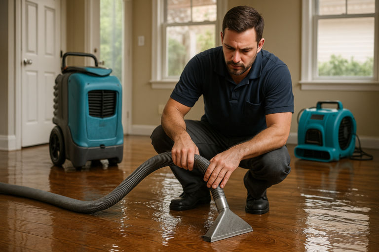 Technician performing water mitigation and drying in a Tampa home after flood damage