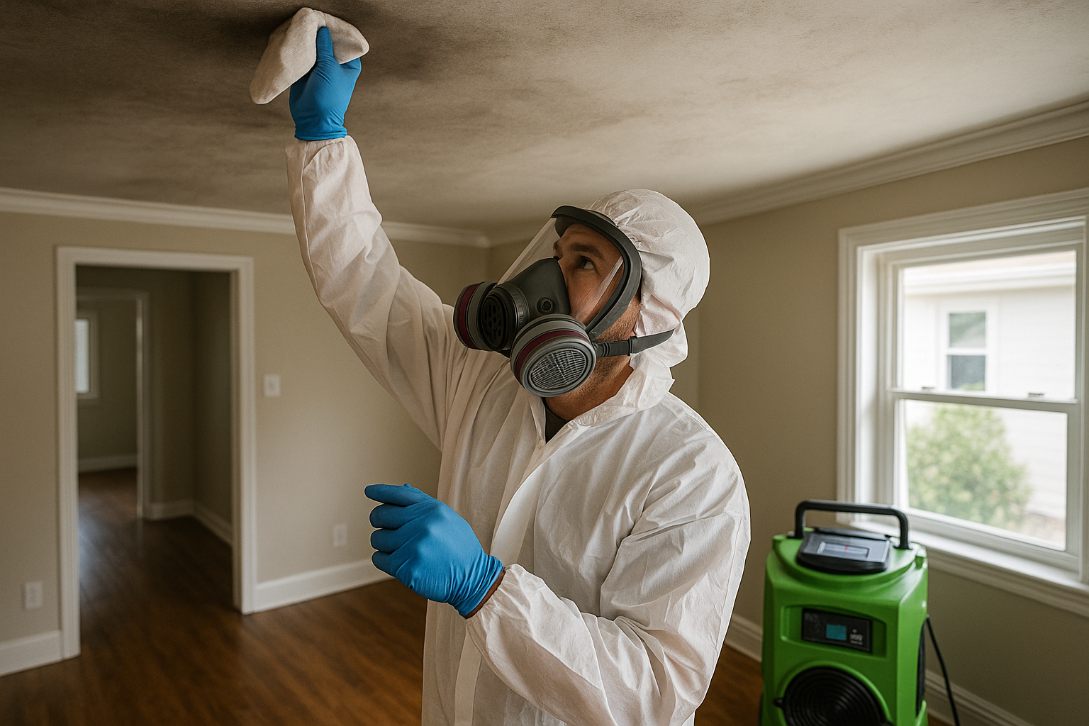 Technician cleaning smoke damaged ceiling in a Tampa home after fire restoration