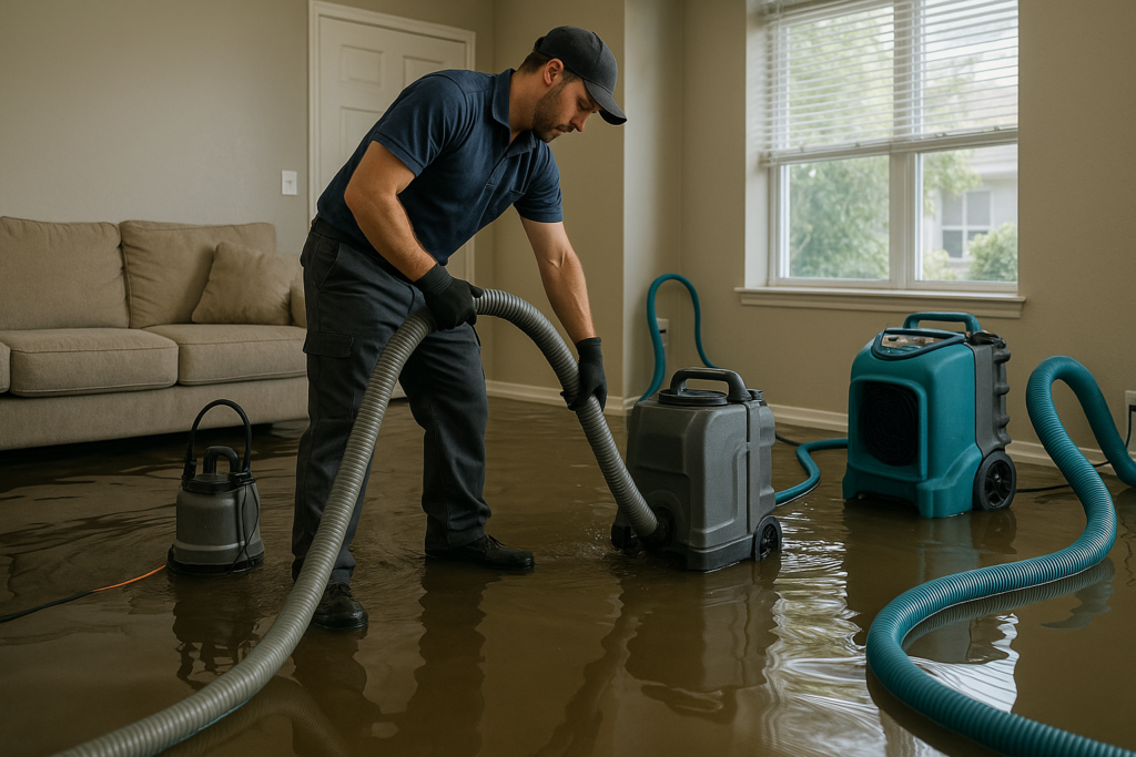 Technician performing water damage restoration in Tampa home after storm