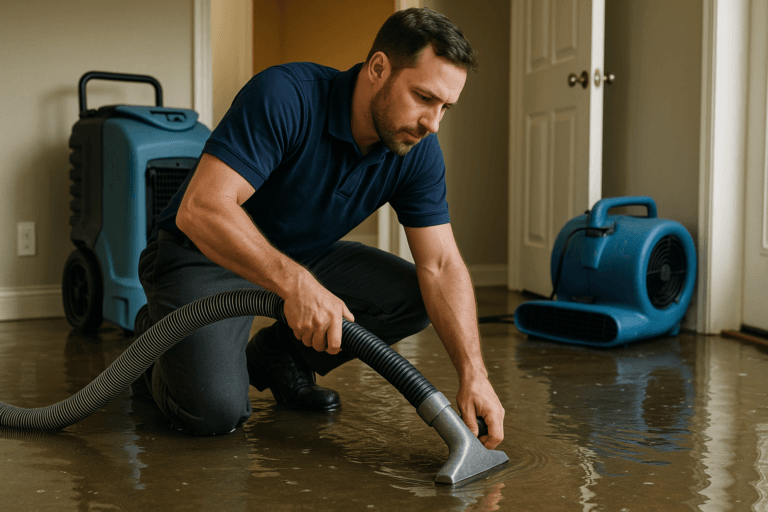 Technician performing water damage restoration in Tampa residential home