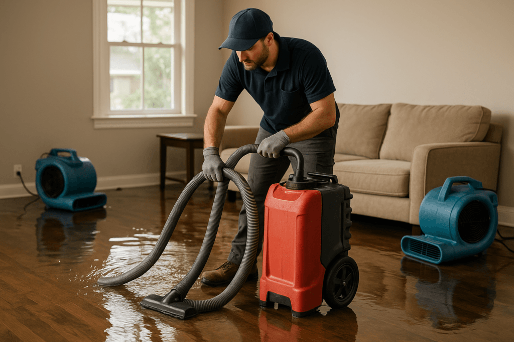 Technician performing water damage restoration in a Tampa home after a storm