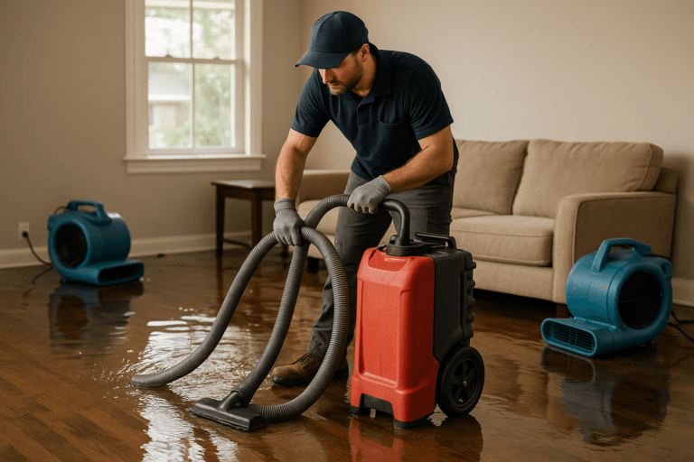 Technician performing water damage restoration in a Tampa home after a storm