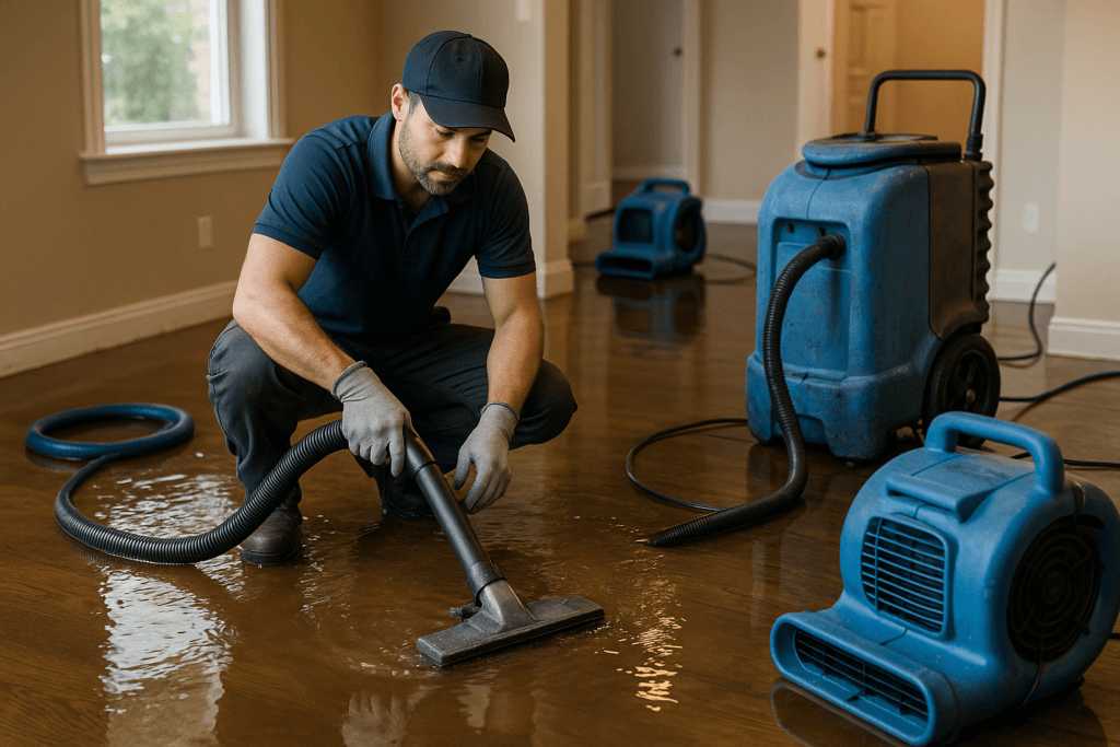 Technician performing water damage restoration in Tampa home after storm