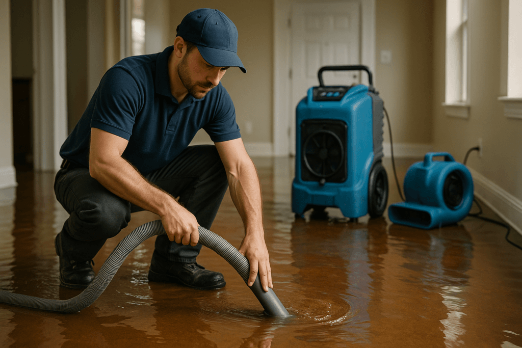 Technician performing water damage restoration in a Tampa home after storm flooding