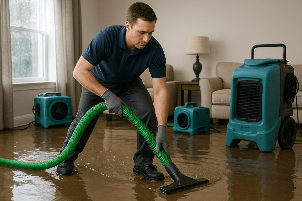 Technician performing water damage restoration in a Tampa home after flooding