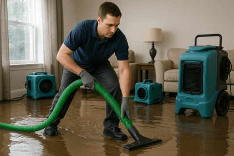 Technician performing water damage restoration in a Tampa home after flooding