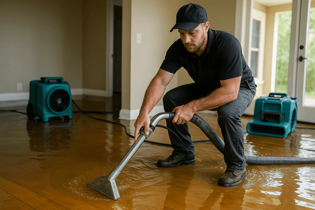 RestoWRX technician performing water damage restoration in a Tampa home after flooding