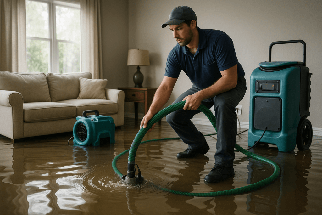Technician performing water damage restoration inside Tampa home after flood
