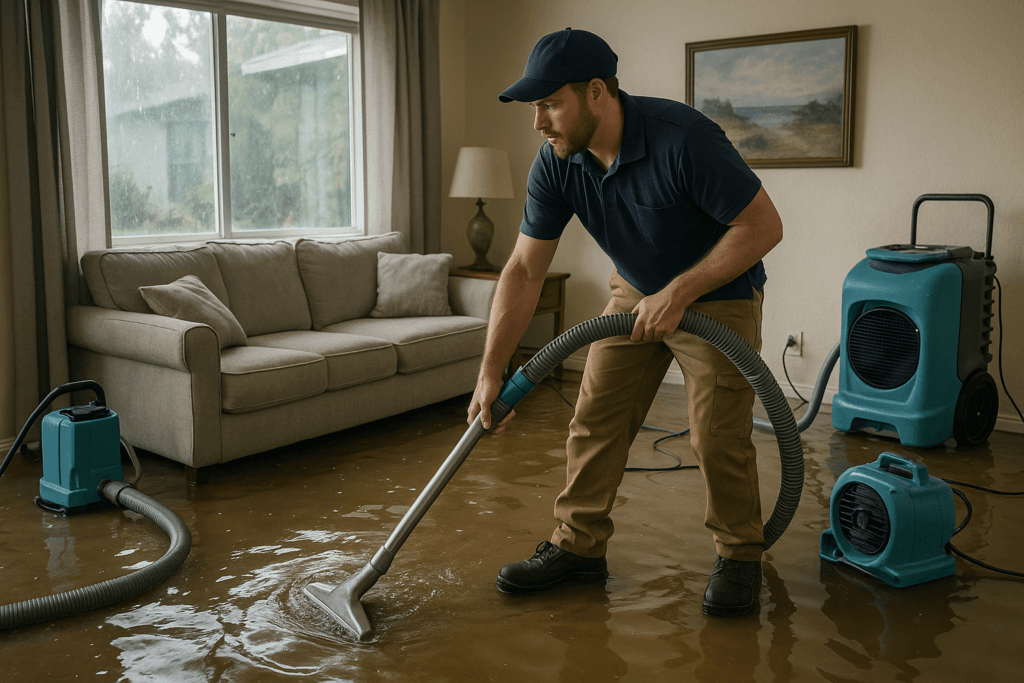 Technician performing water damage restoration in a Tampa home after a storm
