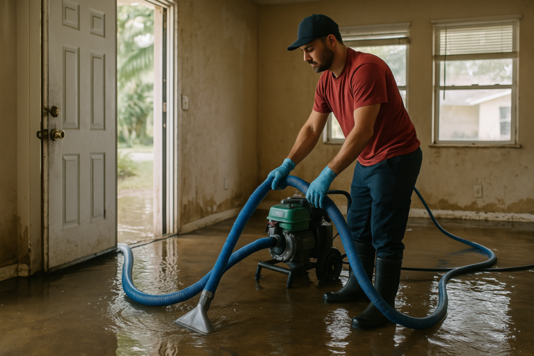 Technician performing water damage restoration in Tampa home after storm