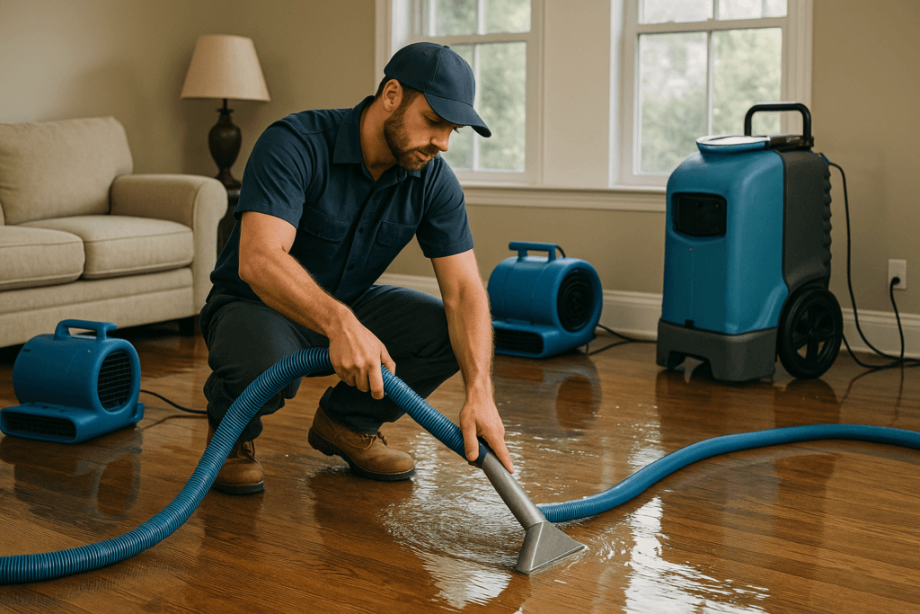 Technician performing water damage restoration in a Tampa residential home