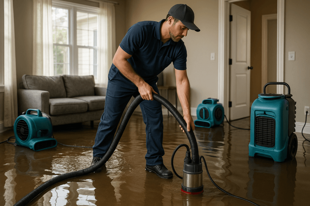 Technician performing water damage restoration in a flooded Tampa home interior