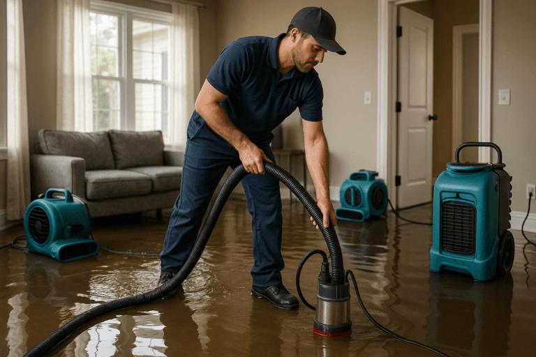 Technician performing water damage restoration in a flooded Tampa home interior
