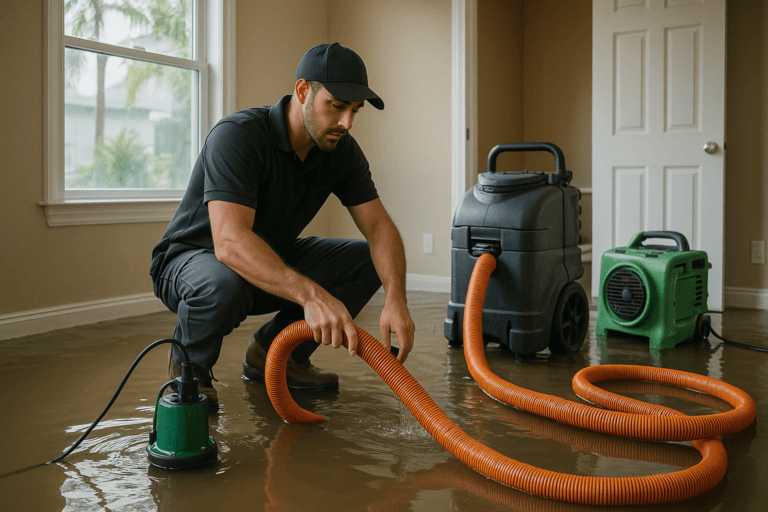 Technician performing water damage restoration in Tampa Florida home