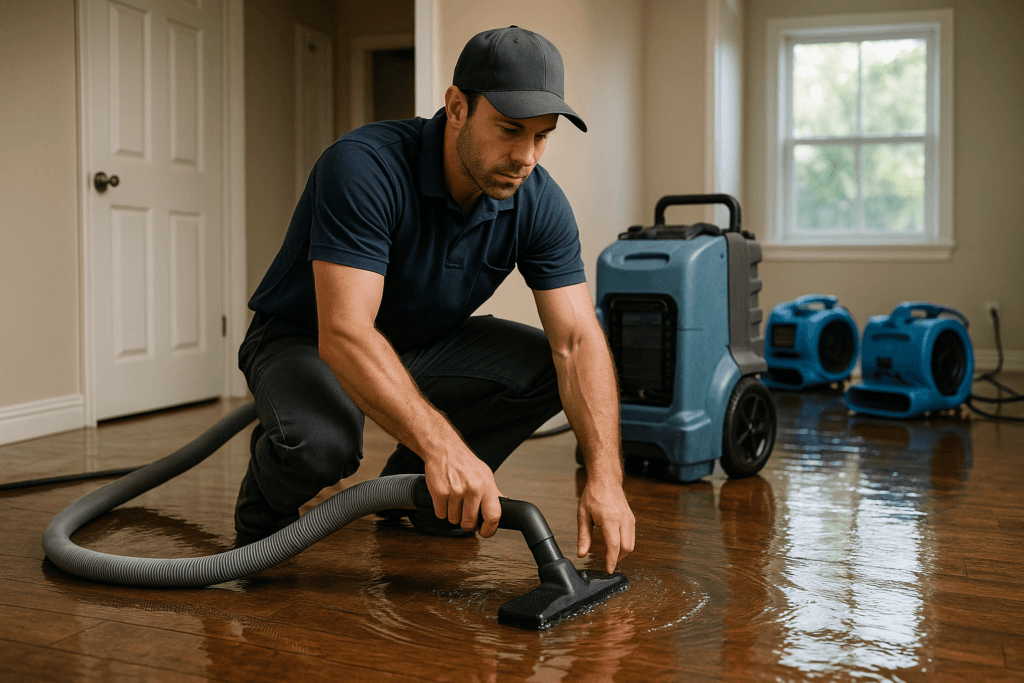 Technician performing water damage restoration in Tampa home after storm