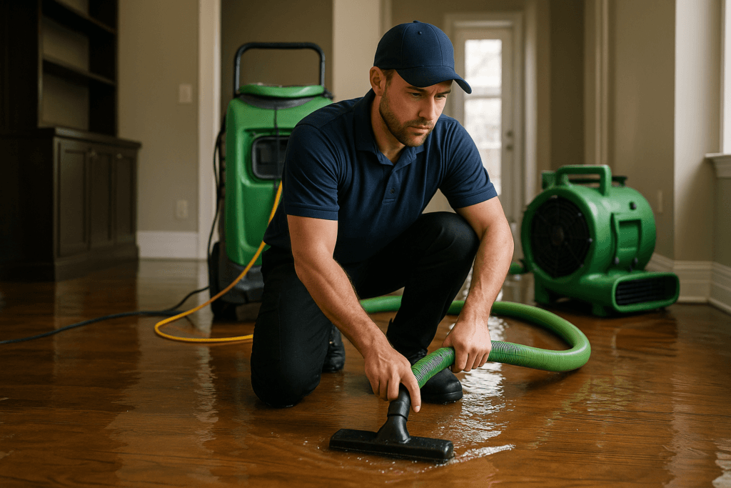 Technician performing water damage restoration in a Tampa home after flooding