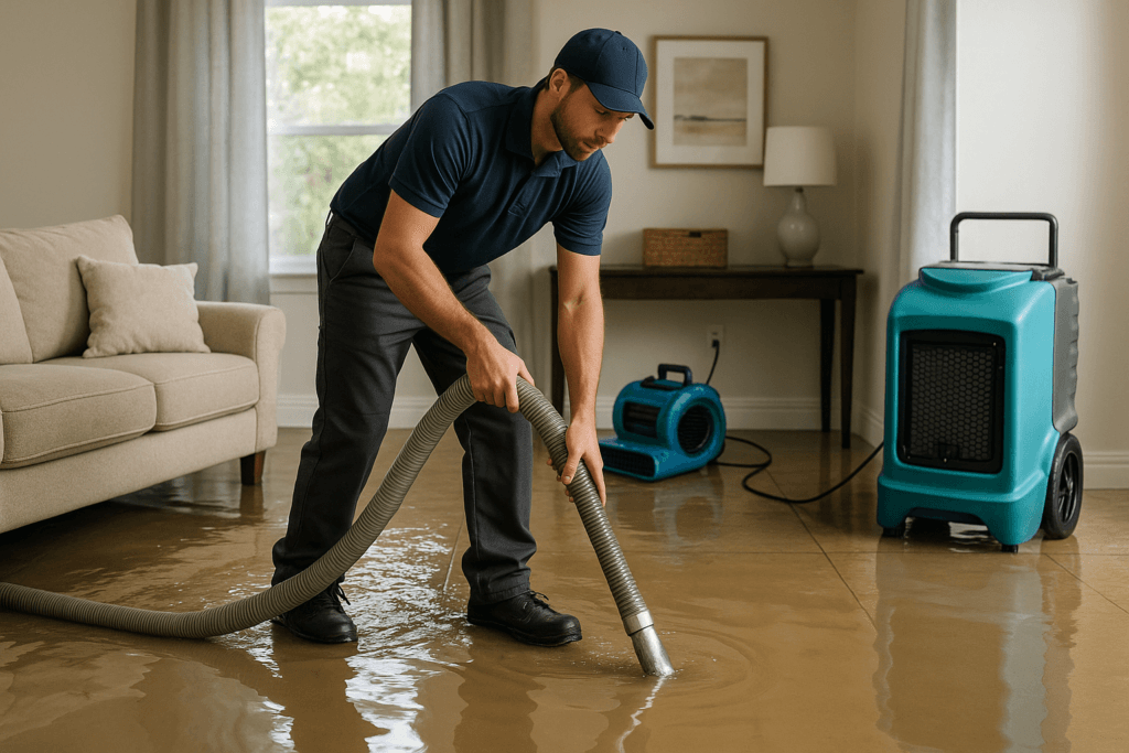Technician performing water damage restoration inside Tampa home after storm damage
