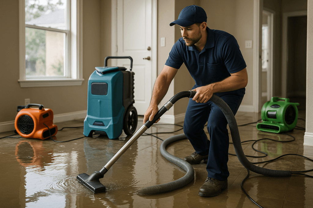Technician performing water damage restoration in Tampa home after storm
