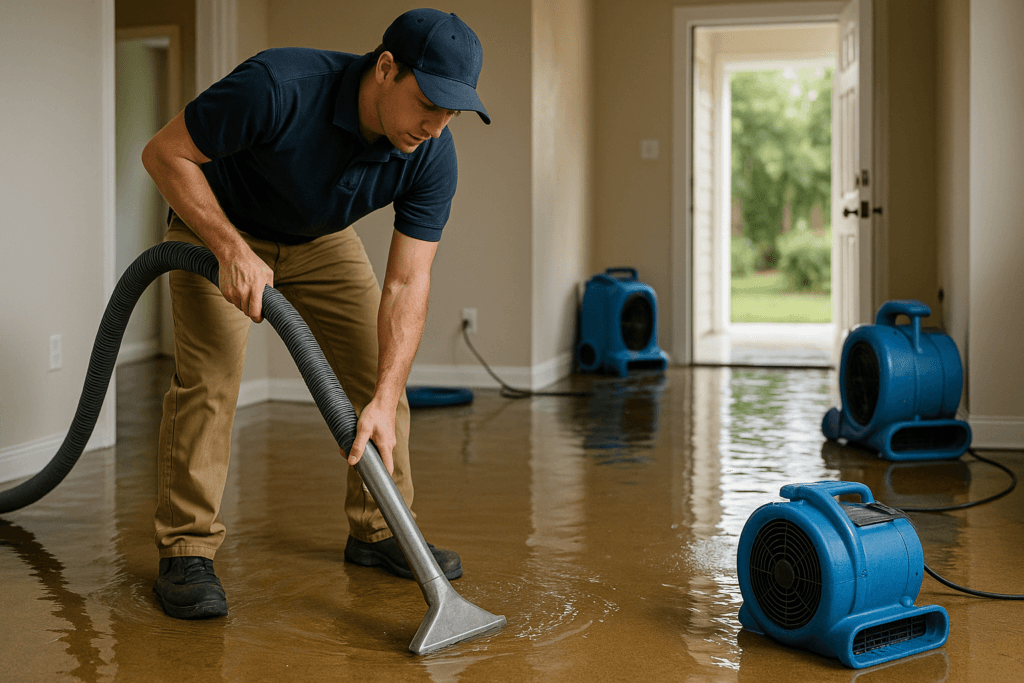 Technician performing water damage restoration in Tampa home after storm