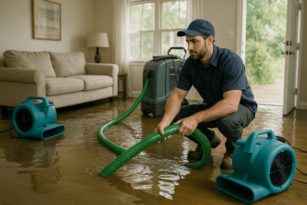 Technician performing water damage restoration in Tampa residential home