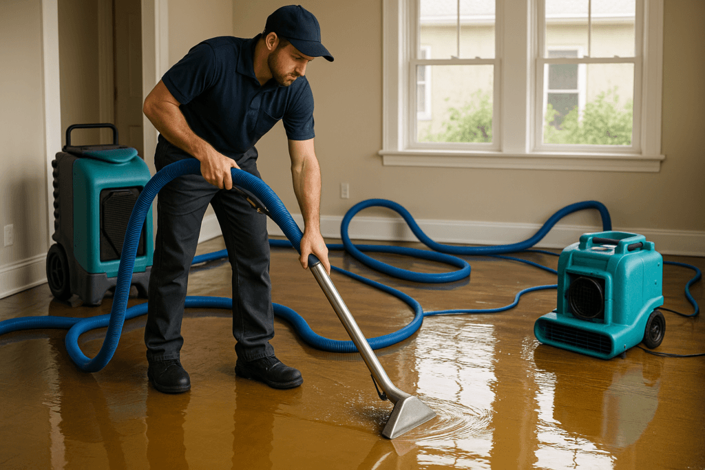 Technician performing water damage restoration in a Tampa home after flooding