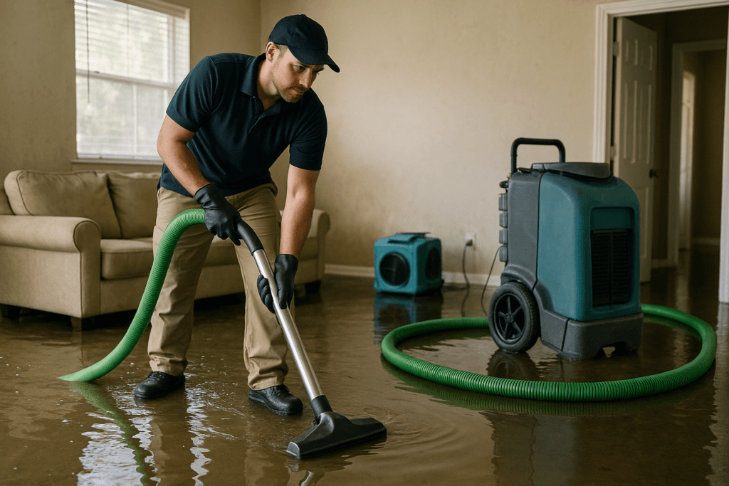 Technician performing water damage restoration in Tampa home after storm