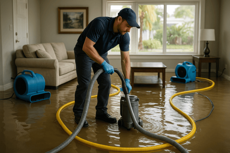 Technician performing water damage restoration in Tampa residential home after flood