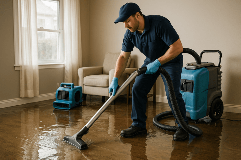 Technician performing water damage restoration in Tampa home after storm