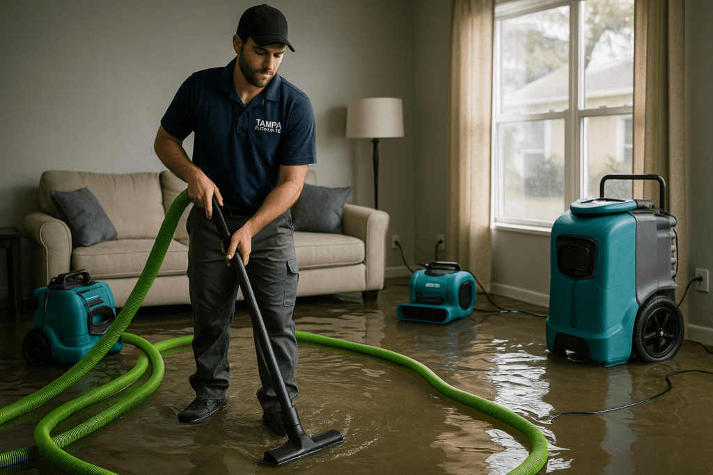 Technician performing water damage restoration in Tampa residence after storm