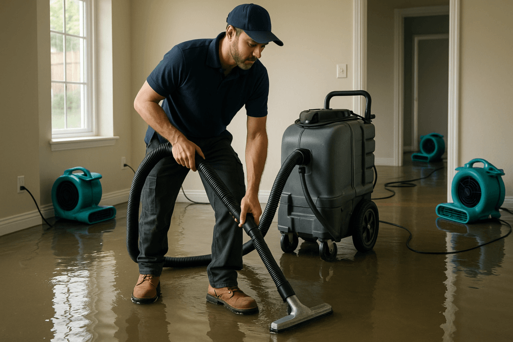 Technician performing water damage restoration in Tampa home after flood