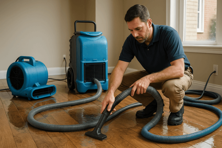 Technician performing water damage restoration in a Tampa home after storm