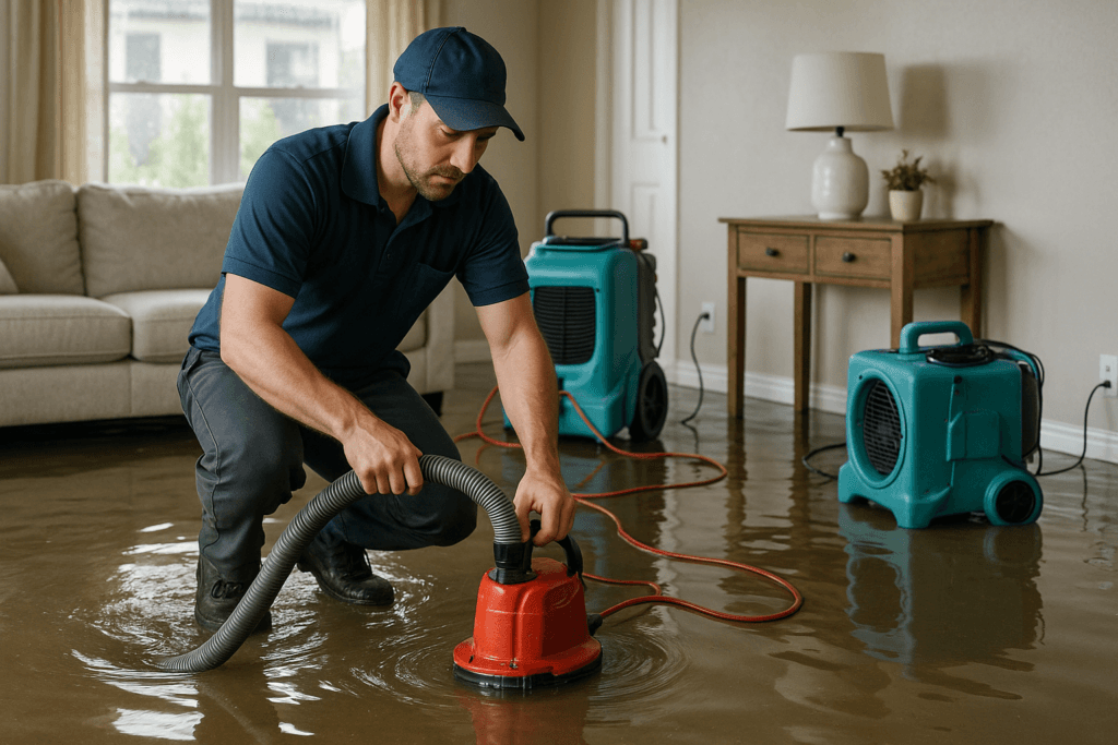 Technician performing water damage restoration in Tampa home interior