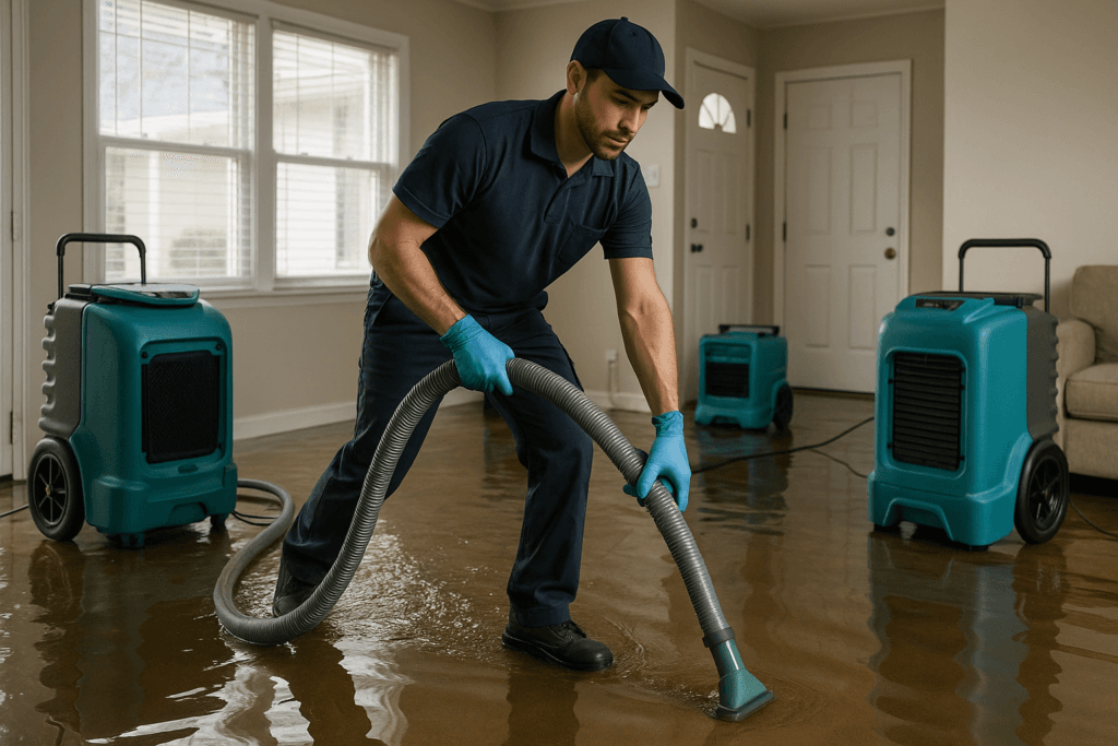Technician performing water damage restoration in Tampa home after storm
